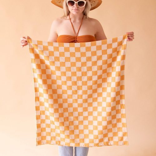 100 Turkish Cotton Sand Resistant Beach Towel in OrangeTan Checker Groovy 70s Aesthetic Themed Checkered Large Thin Towel 3