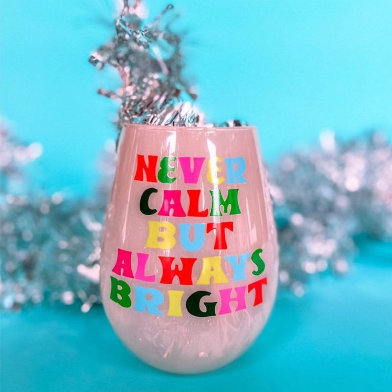 Always Bright Jumbo Stemless Wine Glass in Pink Tinted Glass Pastel Christmas 30 oz Holds an Entire Bottle of Wine