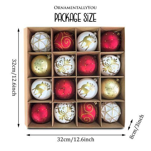 Attribute 01CharmingEleganceOrnamentBundle16PieceSet RedWhiteandGoldwithGlitterPremiumShatterproof