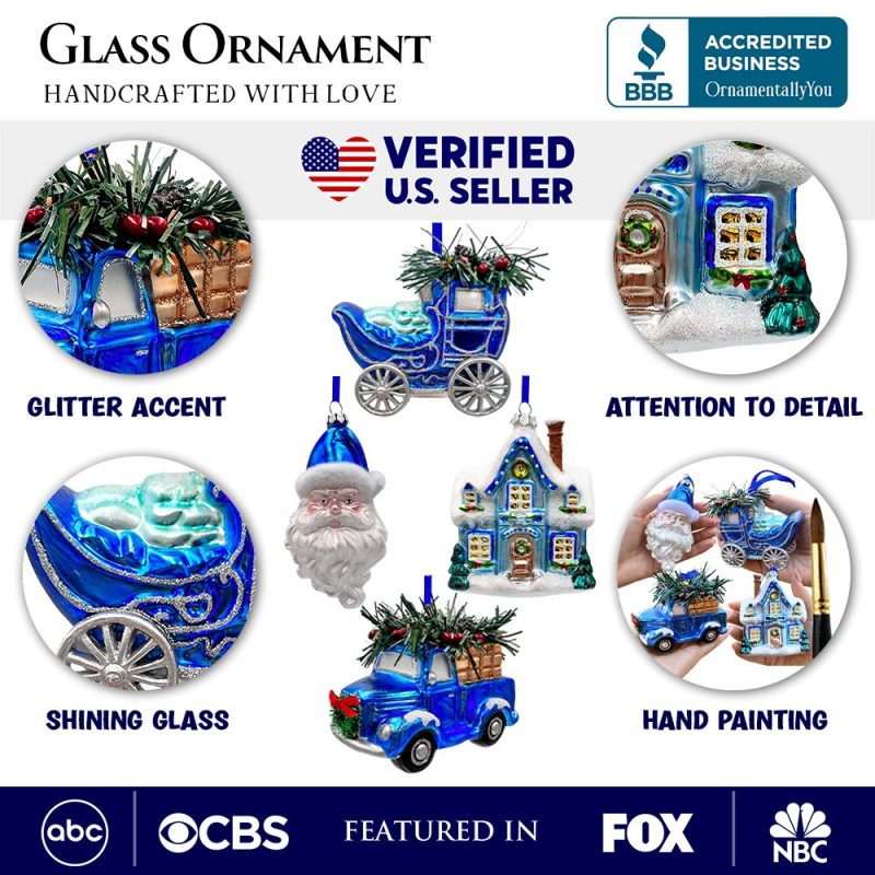 AttributeImage 01AMarvelousBlueChristmasSetofFourGlassOrnamentswithSanta Truck SnowCabinandSleigh