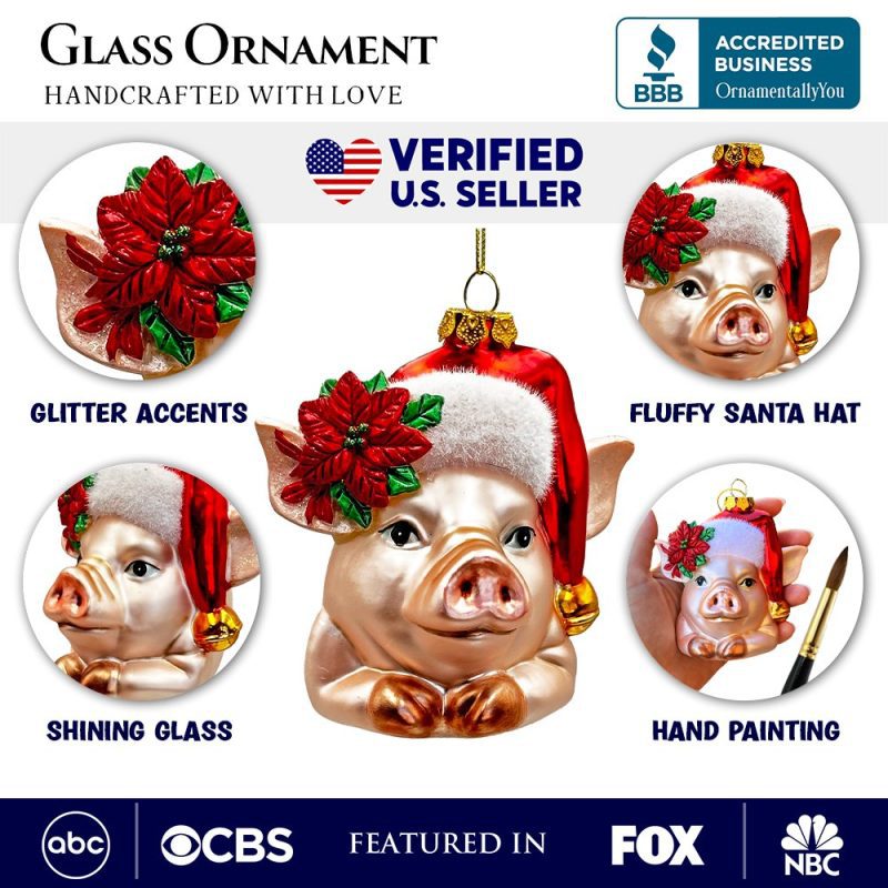 AttributeImage 01CharmingPigwithSantaHatGlassChristmasOrnament CuteFarmhouseTreeDecor