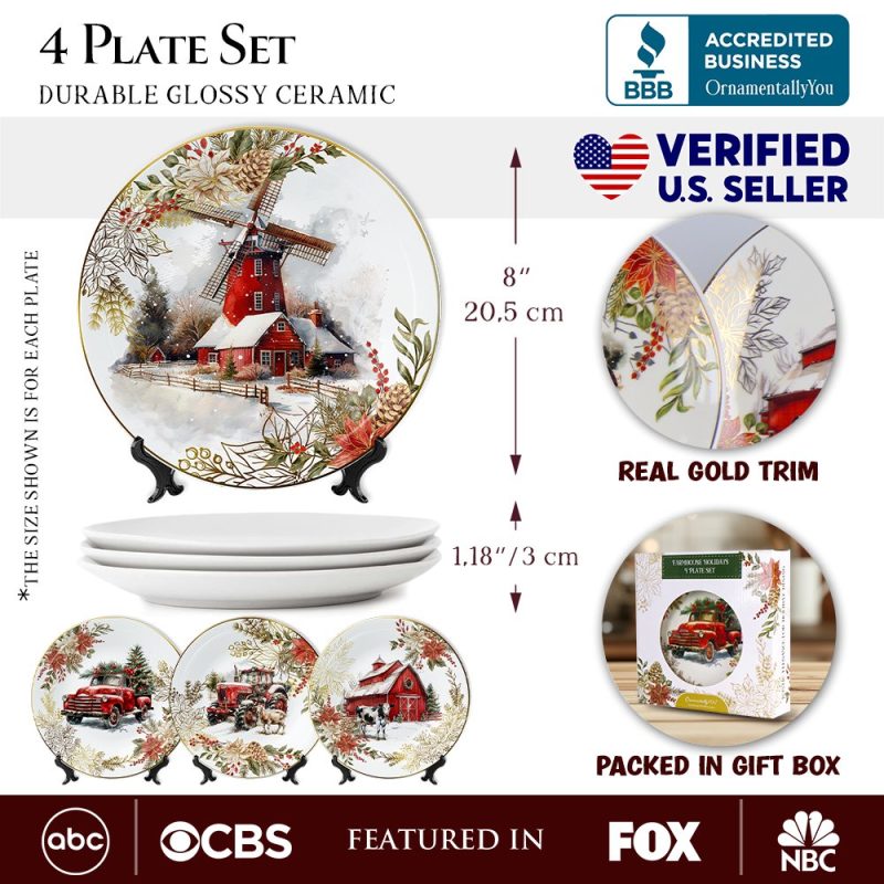 AttributeImage 01FarmhouseChristmasSetof4PlateswithRealGoldElements HolidayTablewareCollectionforSalad Dessert Appetizer andSidePlates