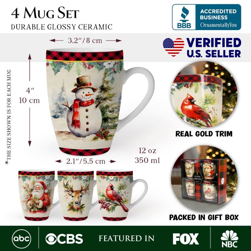 AttributeImage 01FestiveCountryPlaidSetof4CeramicMugswithRealGoldTrim ChristmasKitchenCoffeeCupGiftwithSanta Cardinal Deer andSnowman d403064a 13cf 4a20 ae31 ded73928dc48