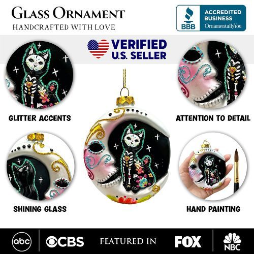 AttributeImage 01FolkloricSiameseCatSugarSkullGlassOrnament CelestialCrescentMoonHalloweenDecor