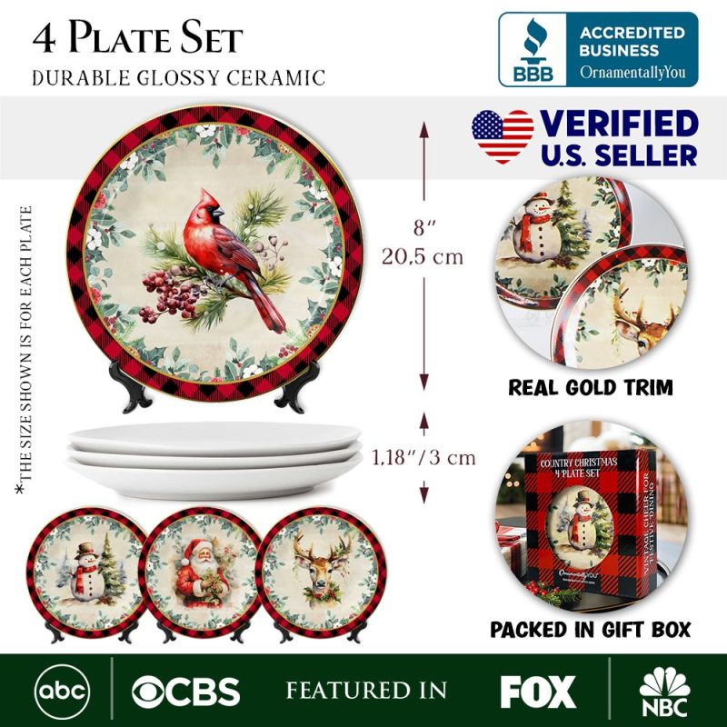 AttributeImage 01HolidayCheerSetof4PlateswithRealGoldPlaidTrim ChristmasTablewareCollectionforSalad Dessert Appetizer andSidePlates