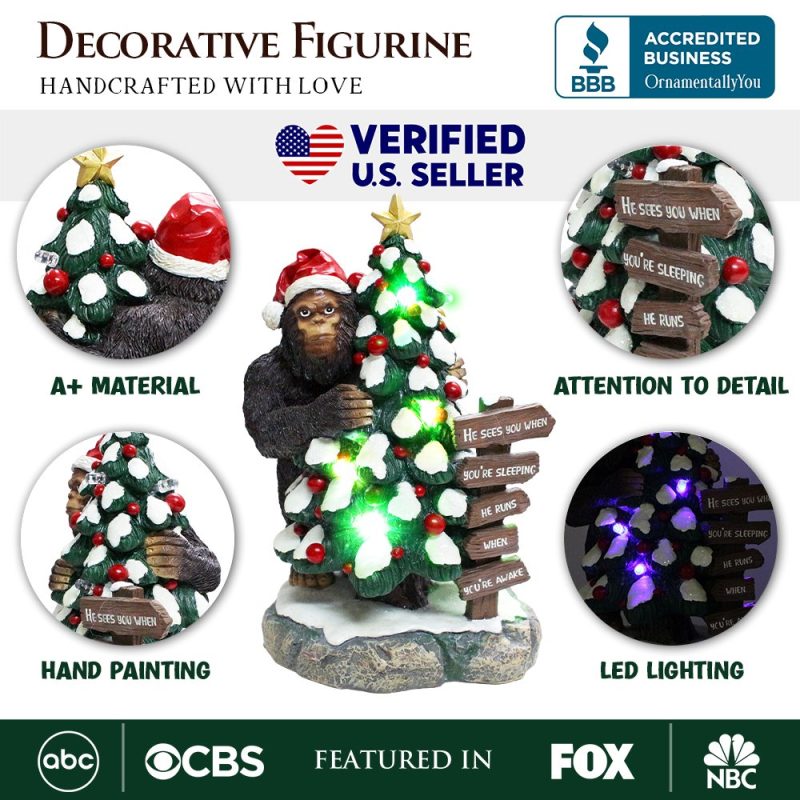 AttributeImage 01WhimsicalBigfootBehindChristmasTreeFigurine 7.5FunnyHolidayYetiLEDStatue HeSeesYouWhenYou reSleeping