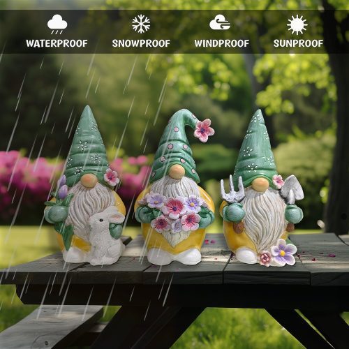 AttributeImage 03GardenGuardiansSetofThree6GardeningGnomeFigurines FloralGreenandYellowStatueDecor