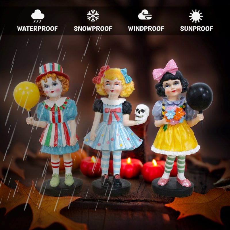 AttributesImage 03SpookyVictorianMasqueradeGirlTrio 6TrickorTreatClownFigurinesandHauntinglyElegantHalloweenDeco