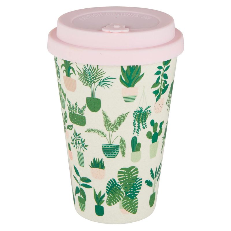 Bamboo To Go Coffee Cup with House Plants Pattern Fiber Coffee Travel Mug with Silicone Lid Sleeve 13oz