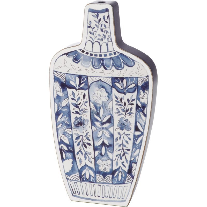 Blue Jar 2D Vase Shaped Wood Decor Hand Painted Floral Designs Decorative Wooden Ancient Vase Stander 2