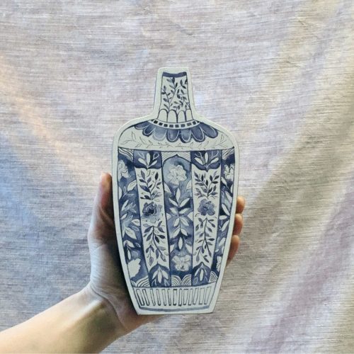 Blue Jar 2D Vase Shaped Wood Decor Hand Painted Floral Designs Decorative Wooden Ancient Vase Stander 7