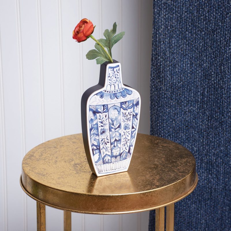 Blue Jar 2D Vase Shaped Wood Decor Hand Painted Floral Designs Decorative Wooden Ancient Vase Stander