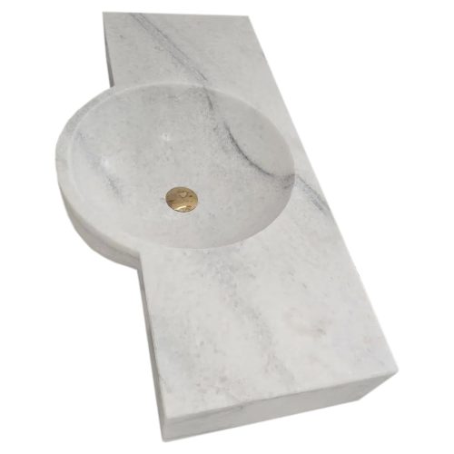 Carrara White marble wall mount sink W16xL28xH5 above vanity angle view