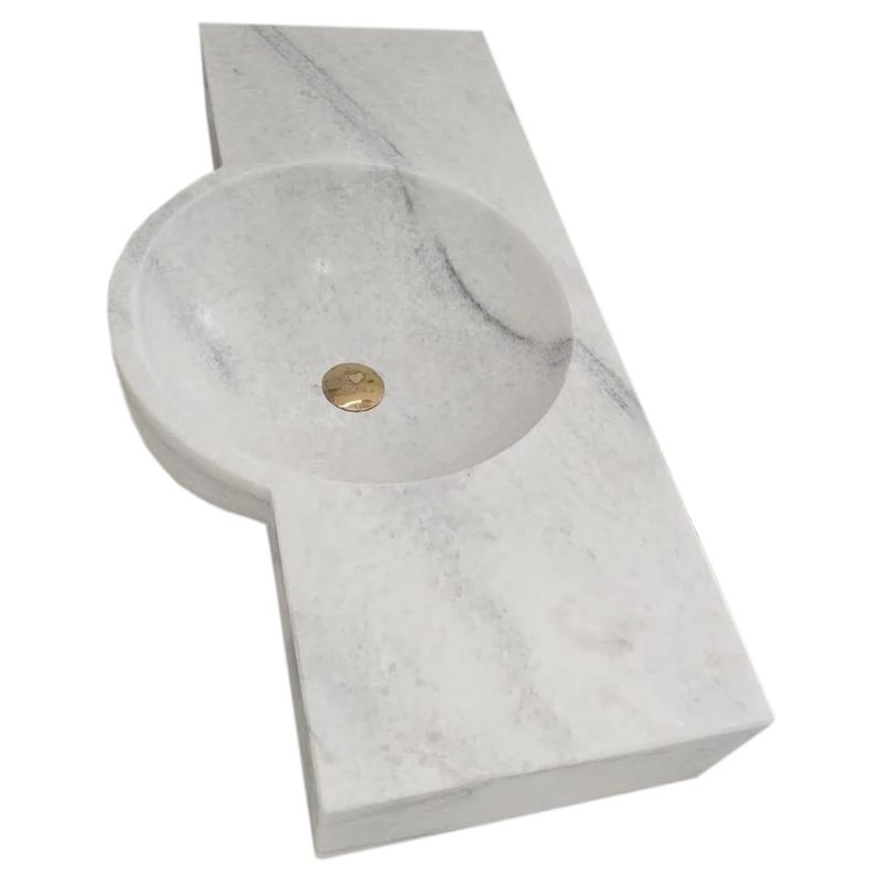 Carrara White marble wall mount sink W16xL28xH5 above vanity angle view