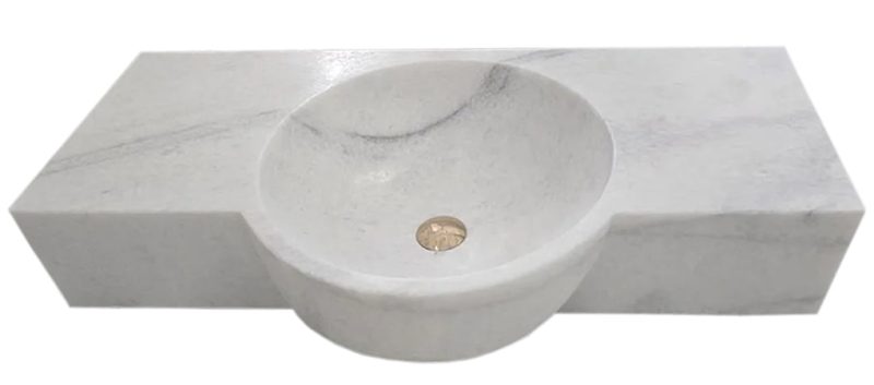 Carrara White marble wall mount sink W16xL28xH5 above vanity front view