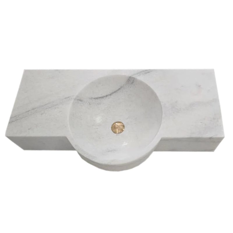 Carrara White marble wall mount sink W16xL28xH5 above vanity top angle view