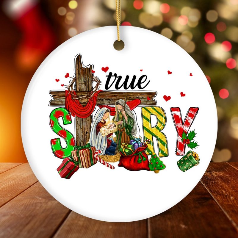 FORPRODUCTTrueStoryJosephandMaryHolidayFestiveChristmasOrnament ChristianNativityGiftMockupGroup 06OldBGchristmastreewoodentablemugmockupbackground