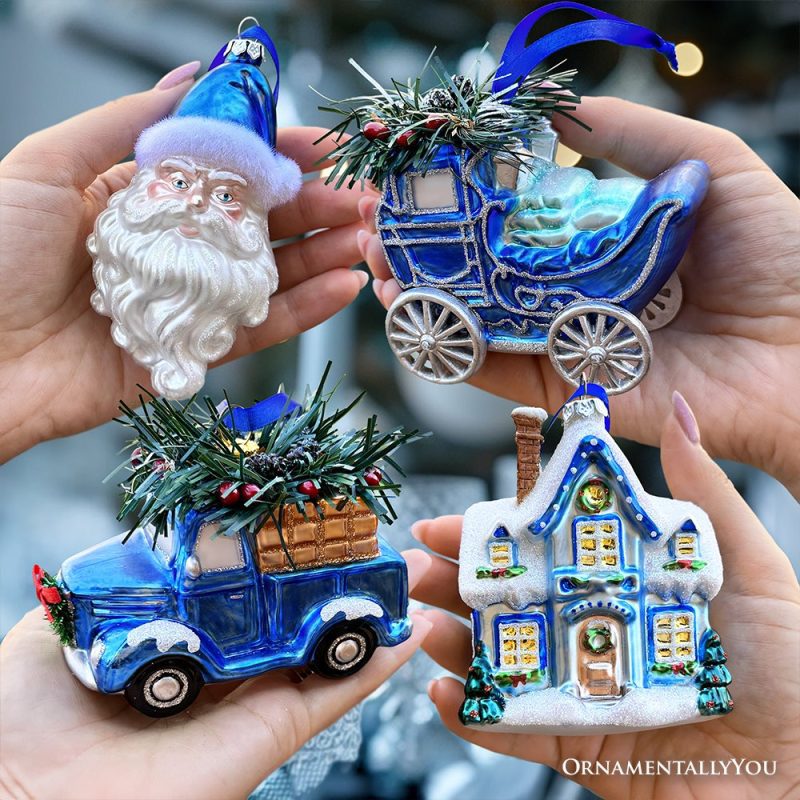 ForProduct 01AMarvelousBlueChristmasSetofFourGlassOrnamentswithSanta Truck SnowCabinandSleigh