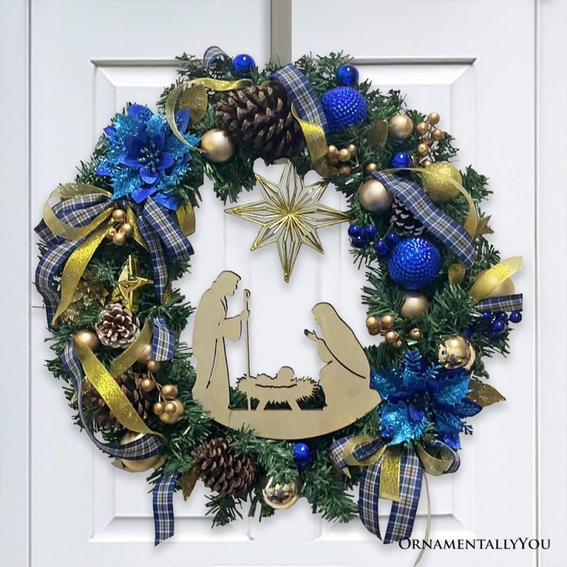 ForProduct 01DecorousNativityChristmasWreath BlueandGoldRibbonsandPoinsettiasBirthofChristDoorDecoration