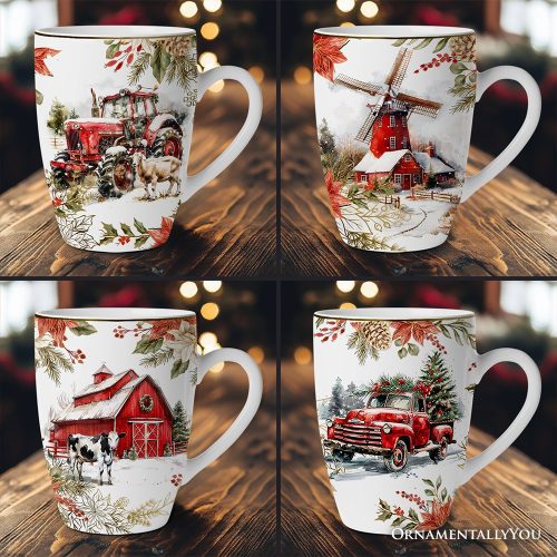 ForProduct 01FancyFarmhouseHolidaySetof4CeramicMugswithRealGoldTrim RusticChristmasKitchenCoffeeCupDecoration