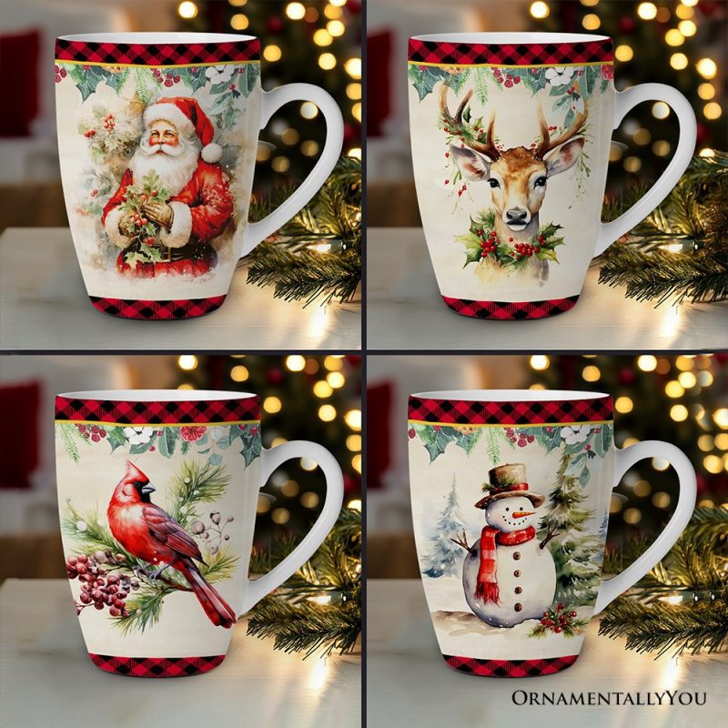 ForProduct 01FestiveCountryPlaidSetof4CeramicMugswithRealGoldTrim ChristmasKitchenCoffeeCupGiftwithSanta Cardinal Deer andSnowman