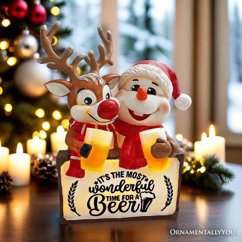 ForProduct 01It stheMostWonderfulTimeforaBeerFestiveFigurine 8SnowmanandReindeerChristmasPartyStatue