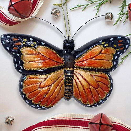 ForProduct 01MonarchButterflyGlassChristmasOrnamentJingleBrunchesBeigeBackgroundChristmasBackgraund 1