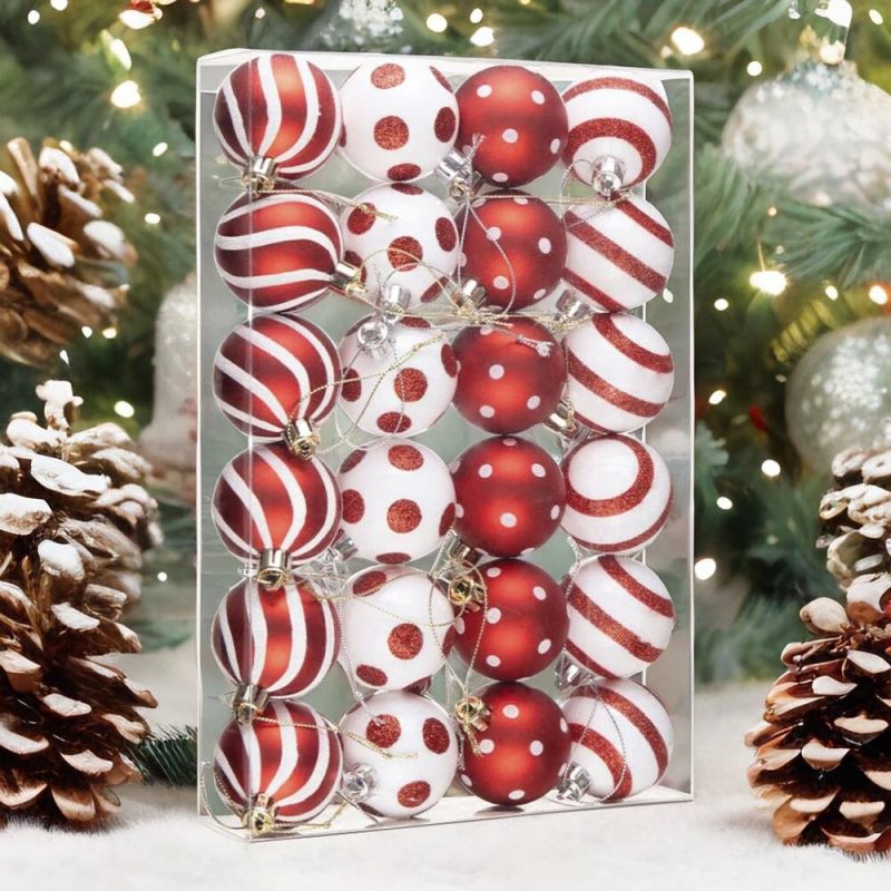 ForProduct 01PolkaDotandCandycaneColorStyleOrnamentBallBundle Setof24RedandWhitePatternedChristmasBaubles