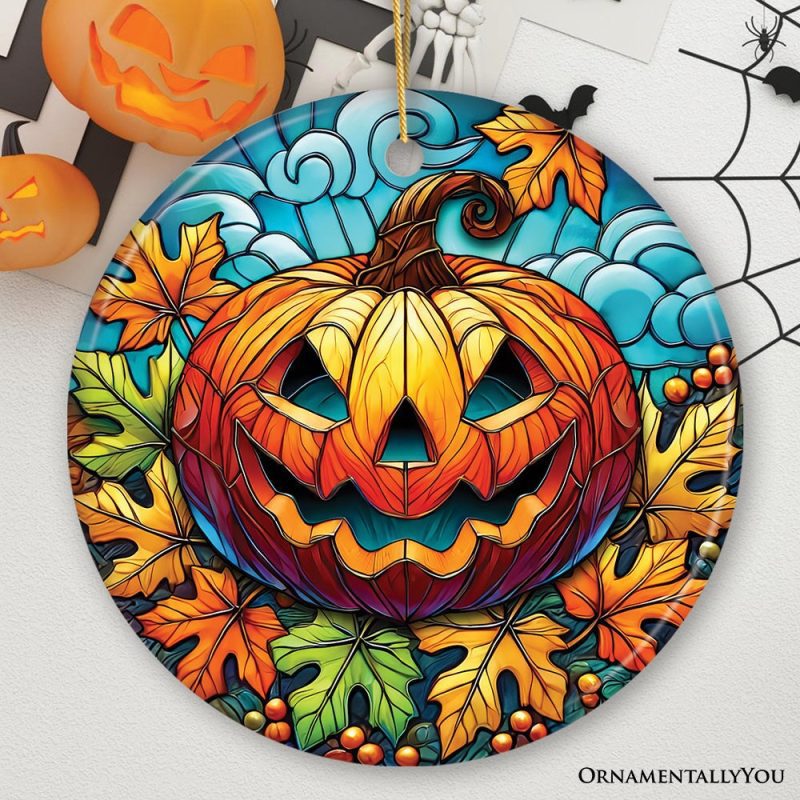 ForProduct 01PumpkinSpiceandCrispyLeavesStainedGlassStyleCeramicOrnament HalloweenThemedChristmasGiftandDecorMockupGroup 03