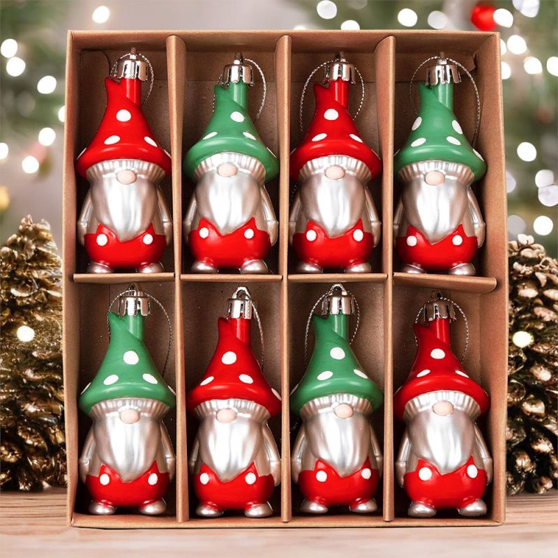 ForProduct 01RedandGreenPolkaDotChristmasFolksyGnomeOrnamentSet 8ShatterproofTreeGnomies