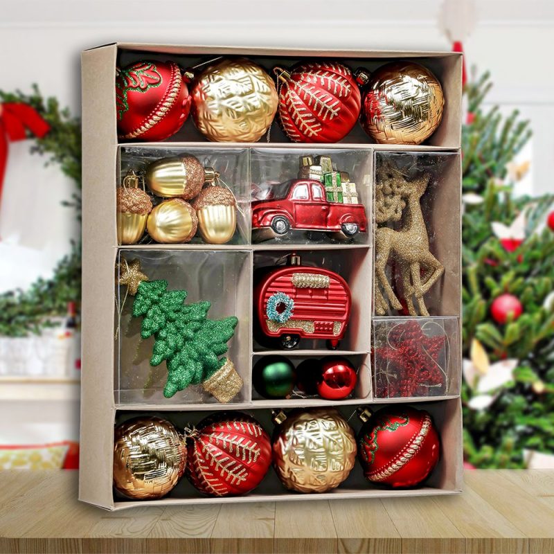 ForProduct 01RusticChristmasAdventureOrnamentBauble60PieceSet CampingTruck Acorns WoodsTheme