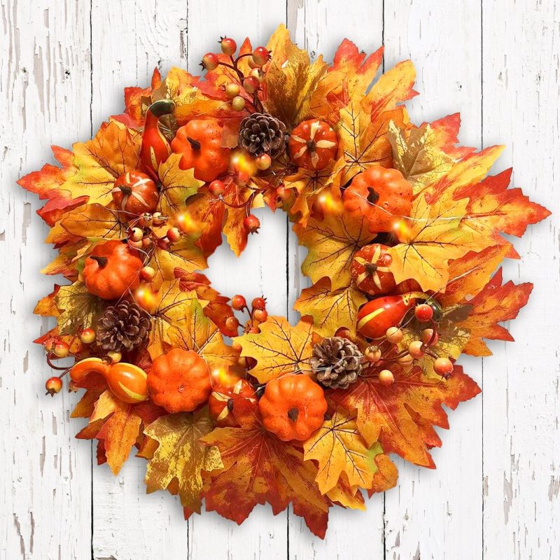 ForProduct 01RusticHarvestIlluminated24FallWreath LightedwithMapleLeafs Pinecones PumpkinsandAutumnBerries