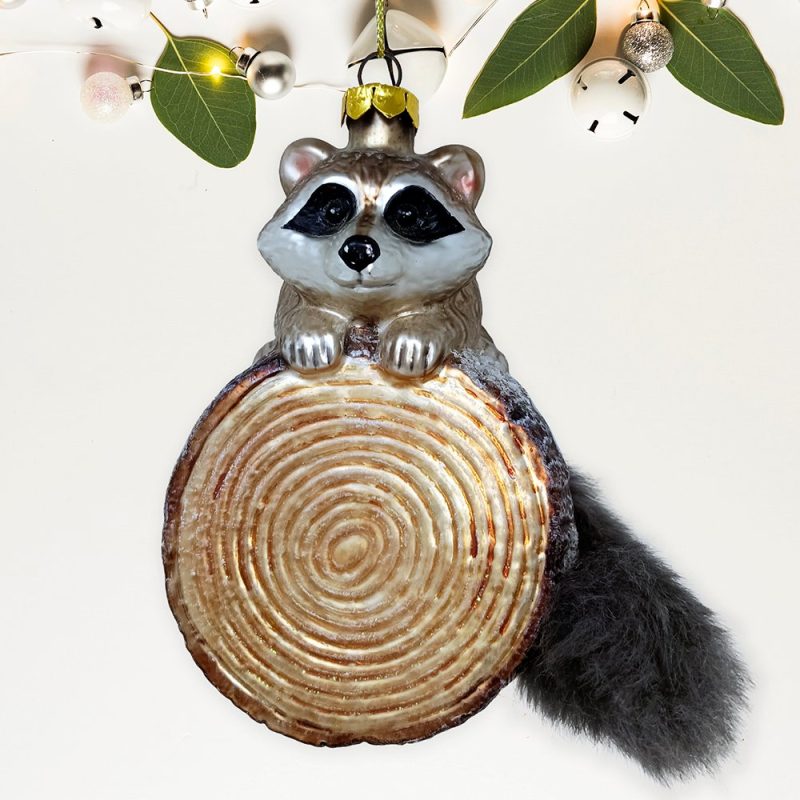 ForProduct 01WoodlandRaccoonGlassChristmasOrnamentJingleBeigeBackgroundChristmasBackgraund