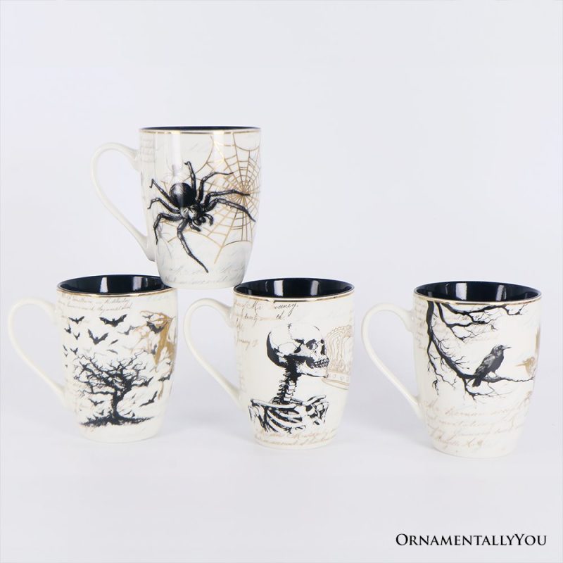 ForProduct 02ElegantGothSetof4CeramicMugswithRealGoldTrim BlackandWhiteSpookyHalloweenCoffeeCupKitchenGift