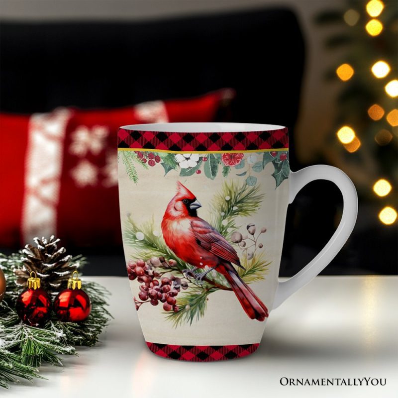 ForProduct 02FestiveCountryPlaidSetof4CeramicMugswithRealGoldTrim ChristmasKitchenCoffeeCupGiftwithSanta Cardinal Deer andSnowman