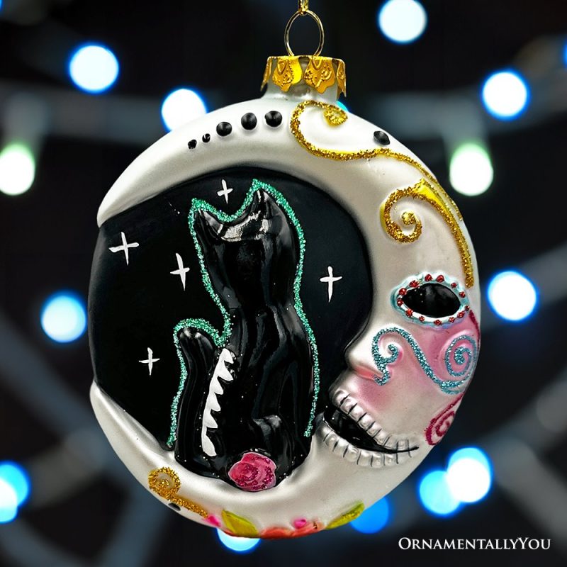 ForProduct 02FolkloricSiameseCatSugarSkullGlassOrnament CelestialCrescentMoonHalloweenDecor