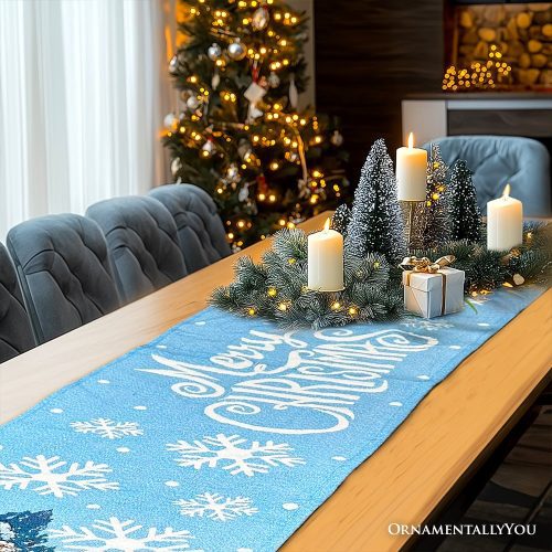 ForProduct 02GracefullyArtfulWinterCabin72TableRunner MerryChristmasBlueRectangleTableclothwithSnowflakes