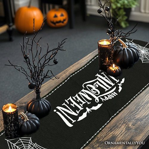 ForProduct 02HauntedHorrors72TableRunner JacquardHalloweenHomeBlackTableclothDecorationwithPumpkinsandSpiderwebs