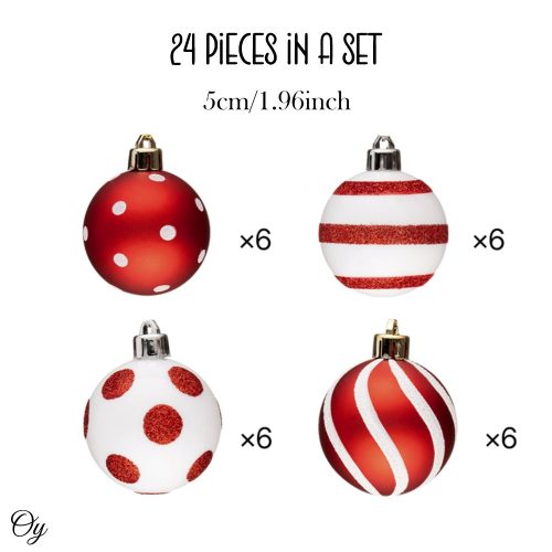 ForProduct 02PolkaDotandCandycaneColorStyleOrnamentBallBundle Setof24RedandWhitePatternedChristmasBaubles