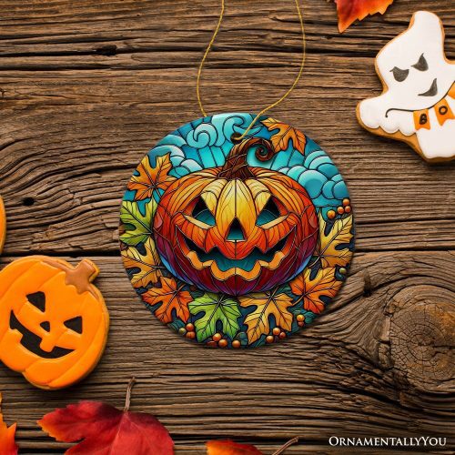 ForProduct 02PumpkinSpiceandCrispyLeavesStainedGlassStyleCeramicOrnament HalloweenThemedChristmasGiftandDecor3DRealisticMockupFall