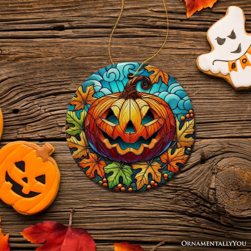 ForProduct 02PumpkinSpiceandCrispyLeavesStainedGlassStyleCeramicOrnament HalloweenThemedChristmasGiftandDecor3DRealisticMockupFall