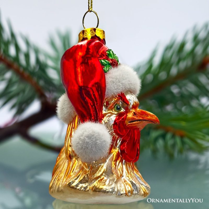 ForProduct 02RoosterwithSantaHatHandblownGlassChristmasOrnament FarmChickenHolidayDecor