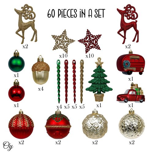 ForProduct 02RusticChristmasAdventureOrnamentBauble60PieceSet CampingTruck Acorns WoodsTheme