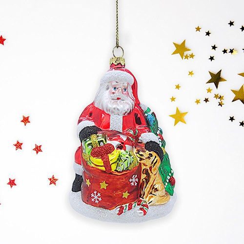 ForProduct 02SantawithDogandGiantGiftBagGlassChristmasOrnamentTreeBranchesSnowflakeChristmasBackgrounde