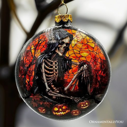 ForProduct 03CreepyStainedGlassSkeletonandRavenHauntedOrnament HalloweenHorrorandChristmasTreeDecor