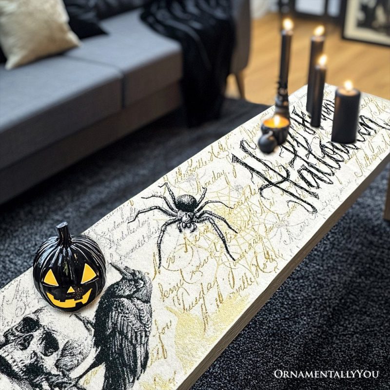 ForProduct 03Elegant72GothicJacquardTableRunner HalloweenTableclothwithSpiderWebsandBlackRavens