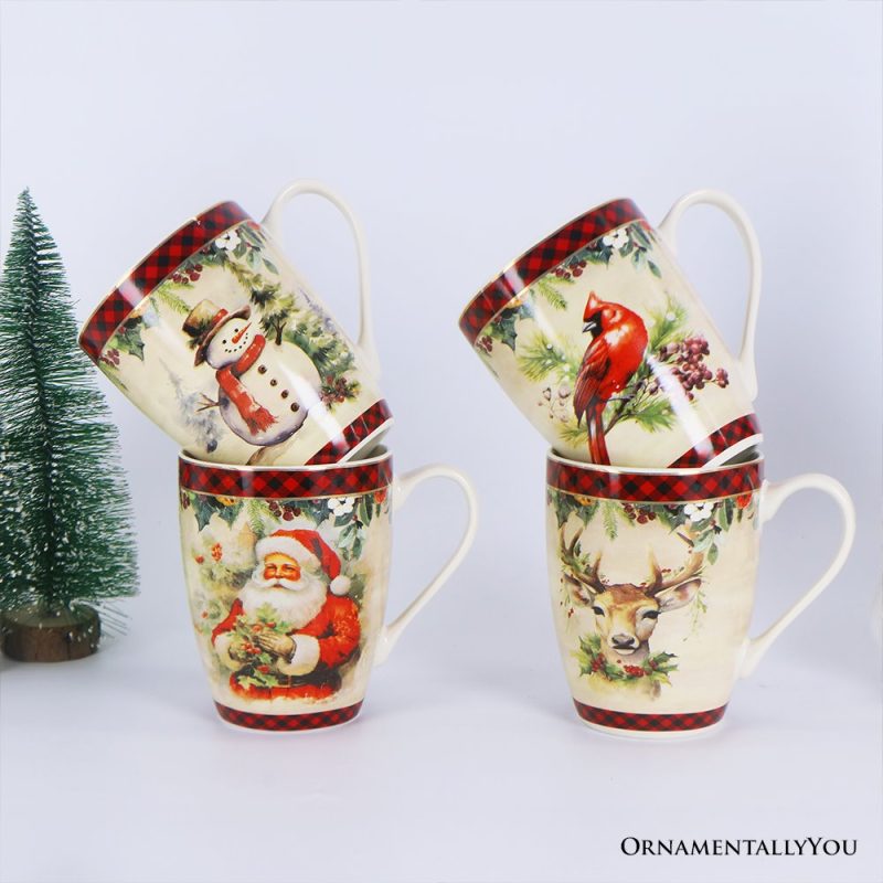 ForProduct 03FestiveCountryPlaidSetof4CeramicMugswithRealGoldTrim ChristmasKitchenCoffeeCupGiftwithSanta Cardinal Deer andSnowman