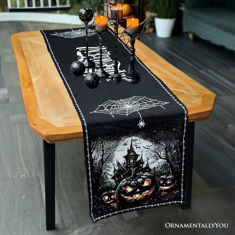 ForProduct 03HauntedHorrors72TableRunner JacquardHalloweenHomeBlackTableclothDecorationwithPumpkinsandSpiderwebs