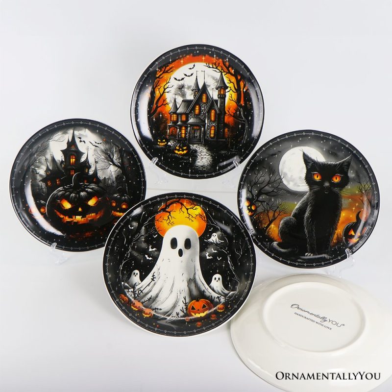 ForProduct 03HauntedNightSetof4Plates BlackHalloweenTablewareCollectionforSalad Dessert Appetizer andSidePlates