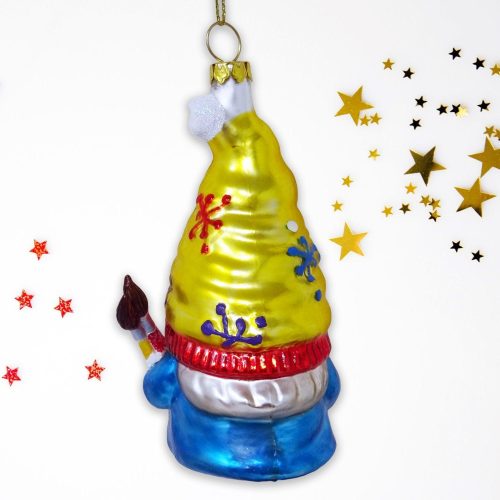 ForProduct 03PainterArtistGnomeGlassChristmasOrnamentWhiteBackgroundGoldRedStar